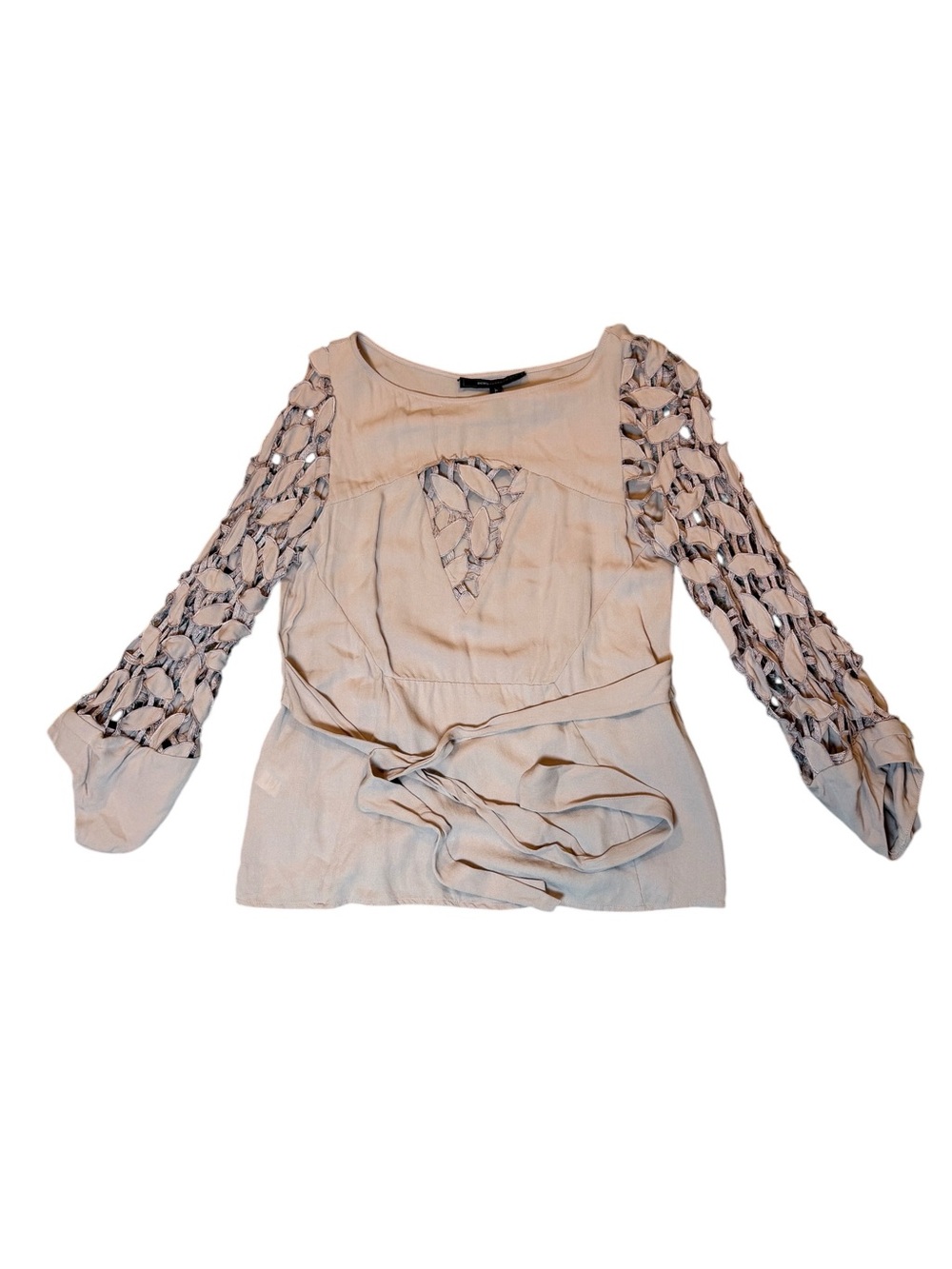 BCBGMaxAzria Cream Tie-Waist Blouse with Woven Openwork Sleeves